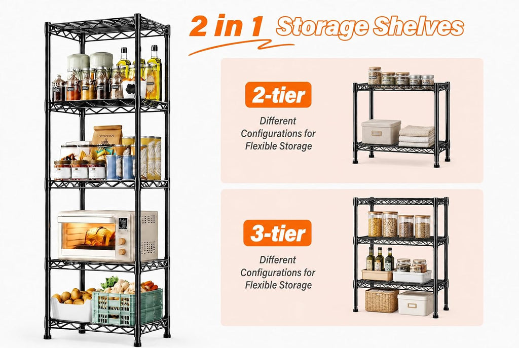 5-Tier Narrow Storage Shelves for Small Spaces – 15.8" W Metal Shelving Unit, Adjustable Wire Shelf, Freestanding