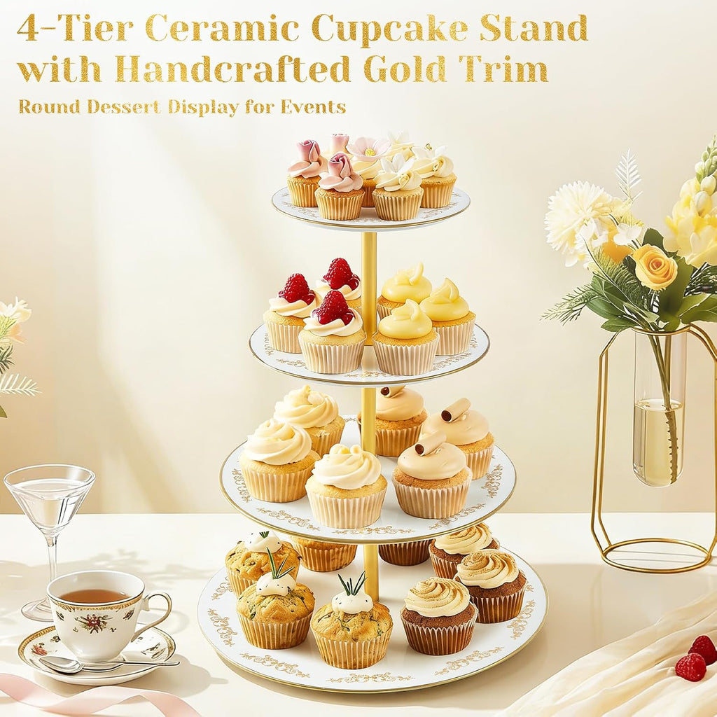 4-Tier Cupcake Stand Tower, British Style Porcelain Tiered Tray with Golden Trim & Pattern, Food Grade Dessert