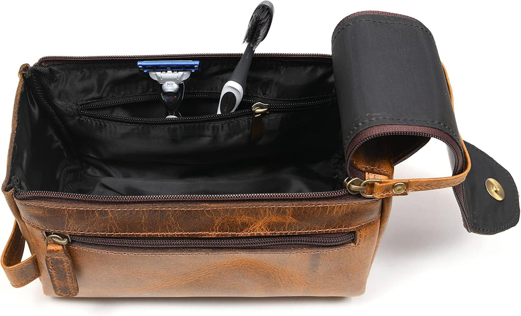 Leather Toiletry Bag for Men 9 Inch | Grooming Travel Kit | With Waterproof Lining | By Aaron Leather Goods (Raven Tan)