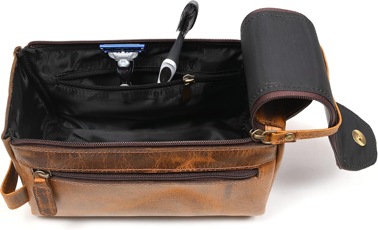 Leather Toiletry Bag for Men 9 Inch | Grooming Travel Kit | With Waterproof Lining | By Aaron Leather Goods (Raven Tan)