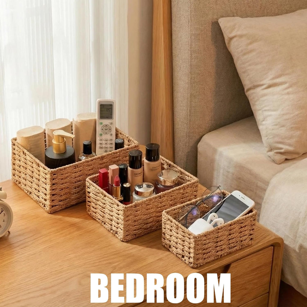 Small Wicker Basket for Organizing, Woven Storage Basket Set of 3 - Handwoven Natural Paper Rope Baskets to Declutter