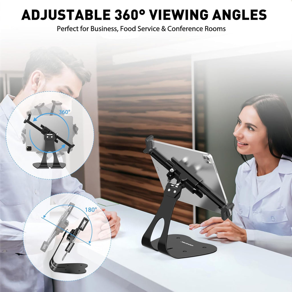 Anti-Theft iPad Kiosk Stand, 360° Swivel POS Tablet Mount with Security Cable & Key, Fits 7–13-inch iPad & Samsung