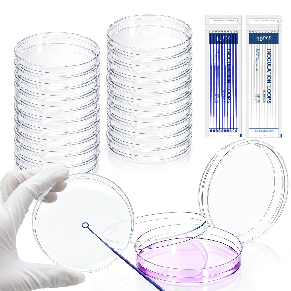 20pcs Plastic Petri Dishes 90x15mm, Inoculating Loops, LVAE002