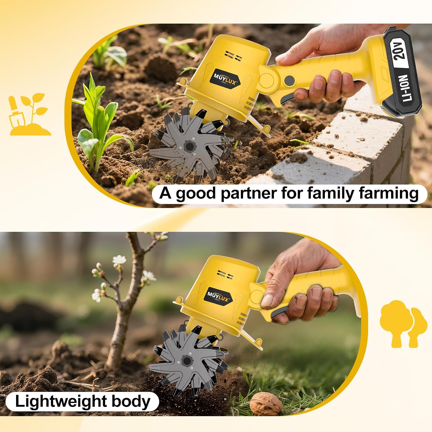 20V Cordless Tiller Cultivator for Gardening, Electric Garden Tiller with Battery & Charger, Garden Rototiller for