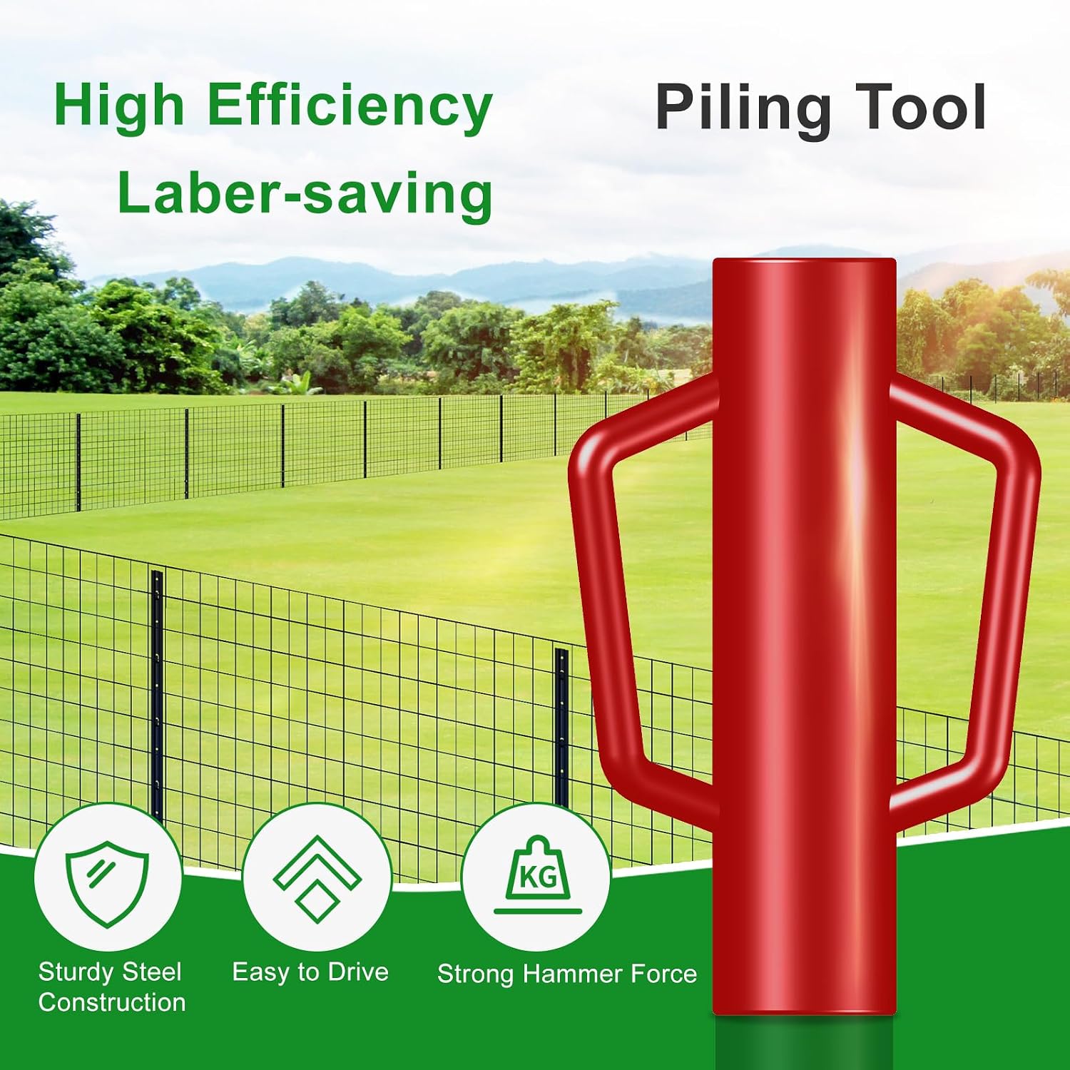 Fence Post Driver with Handle 17LB, T Post Pounder for Wire Fencing, Red