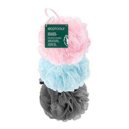 EcoPouf 3 Pack Bath Sponge Set, Soft Recycled Netting Shower Poufs for Gentle Exfoliating & Daily Body Cleansing