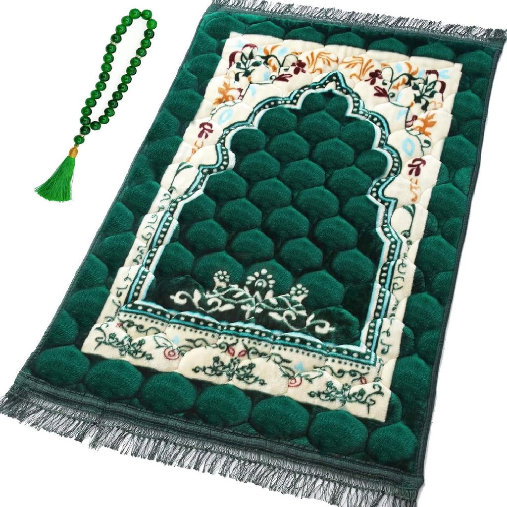 Premium Prayer Mat with Tasbih Prayer Beads-Large Soft Non-Slip Muslim Prayer Rug,Elegant Green Design for