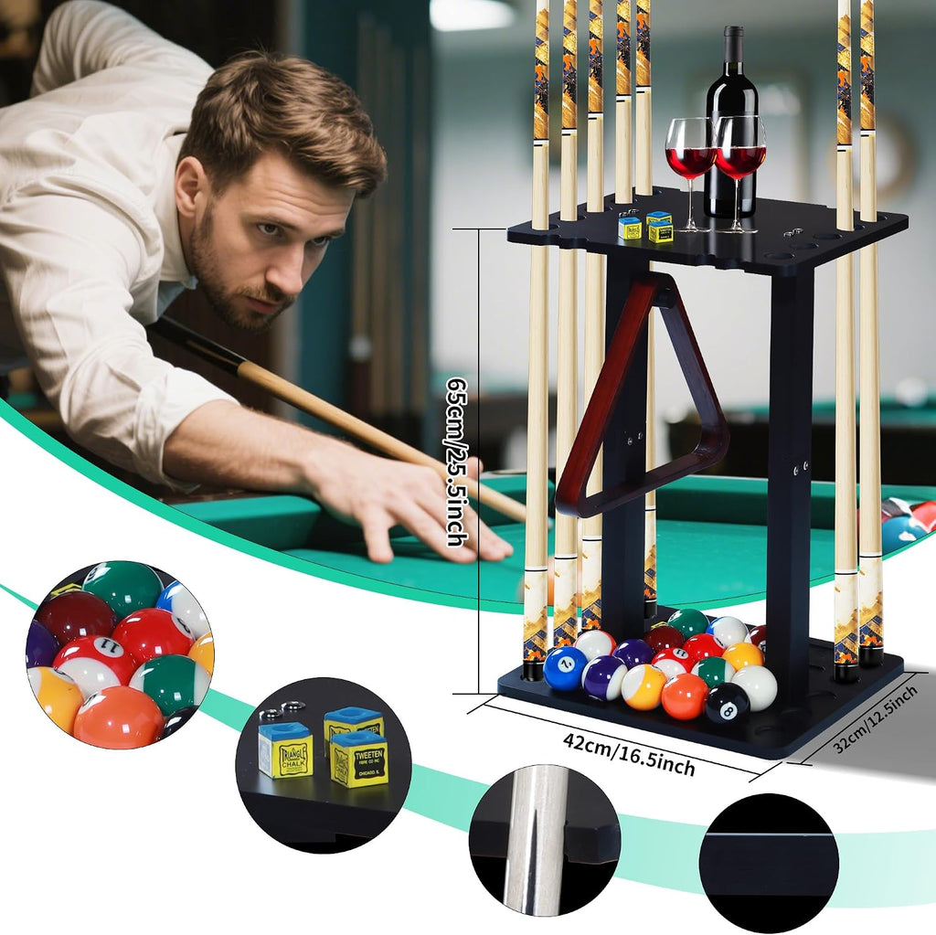 Pool Stick Holder with Multiple Storage, Floor-Standing Pool Cue Rack for 10 Cues, Pool Balls and Accessories, Wooden