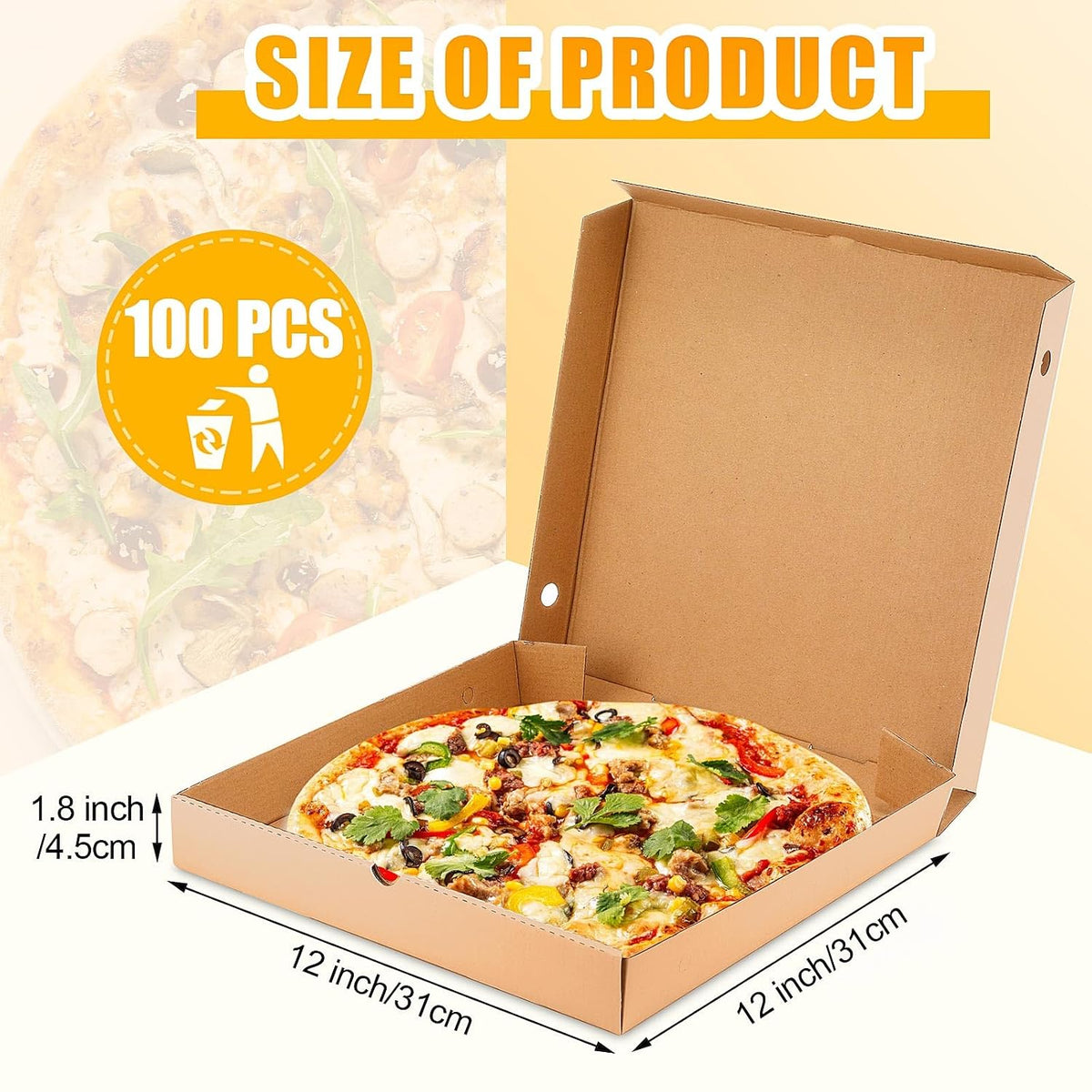 100 Pcs Pizza Boxes Bulk Cardboard Square, Kraft, 12 Inch