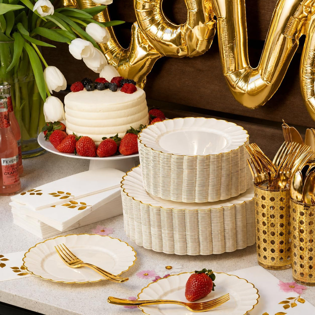 HEAVYWEIGHT Gold Scalloped Disposable Dinnerware Set 175 Pc
