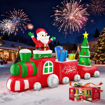 10FT Christmas Inflatable Train with Santa Claus, Gift Boxes, Christmas Trees, Built-in Lights, 2026 Yard Decor Giant