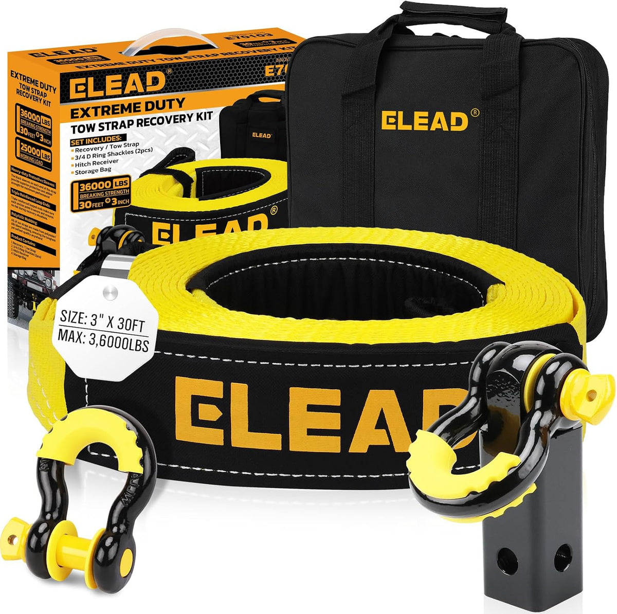 3" x 30Ft Recovery Tow Strap Heavy Duty with Hooks - 36000 LBS Break Strength, 2" Shackle Hitch Receiver + 3/4 D Ring