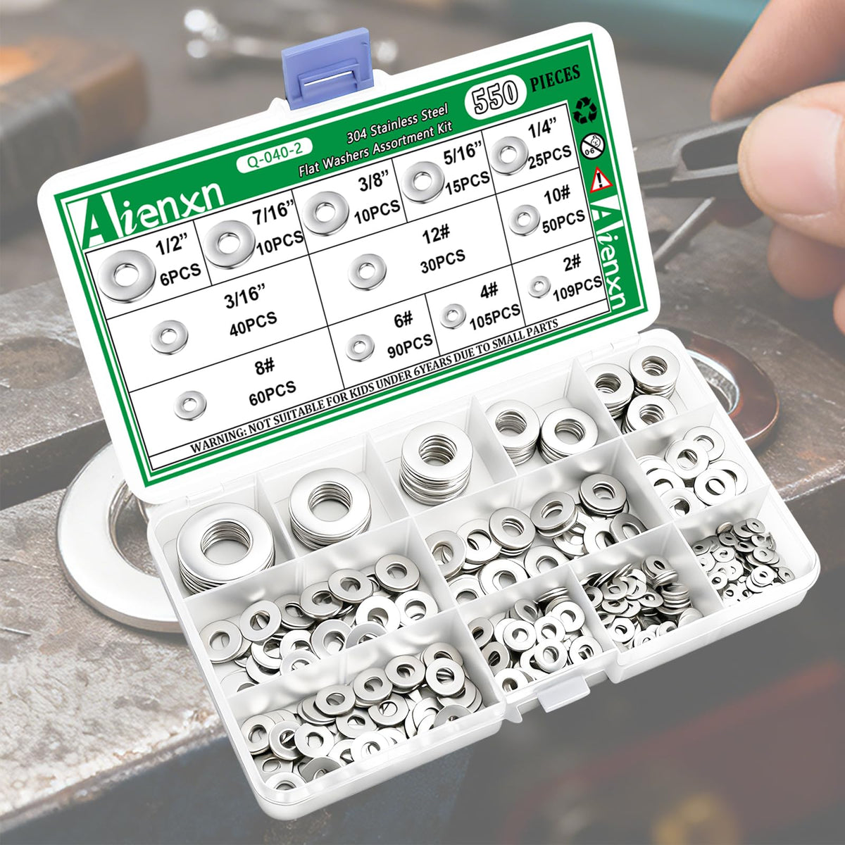 550PCS Flat Washers Assortment, 304 SS, 12 SAE Sizes, 2#-1/2"