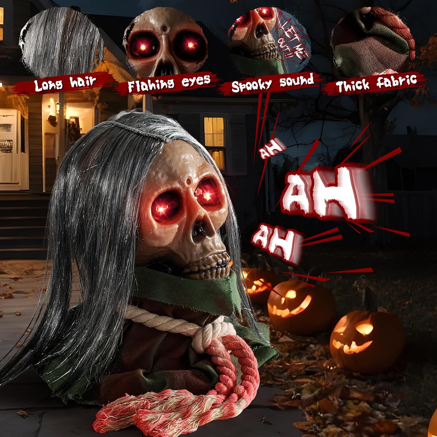Halloween Animatronic Decorations,Creepy Moving Skeleton Prop with Sounds and Flashing Red Eyes,Voice-Activated
