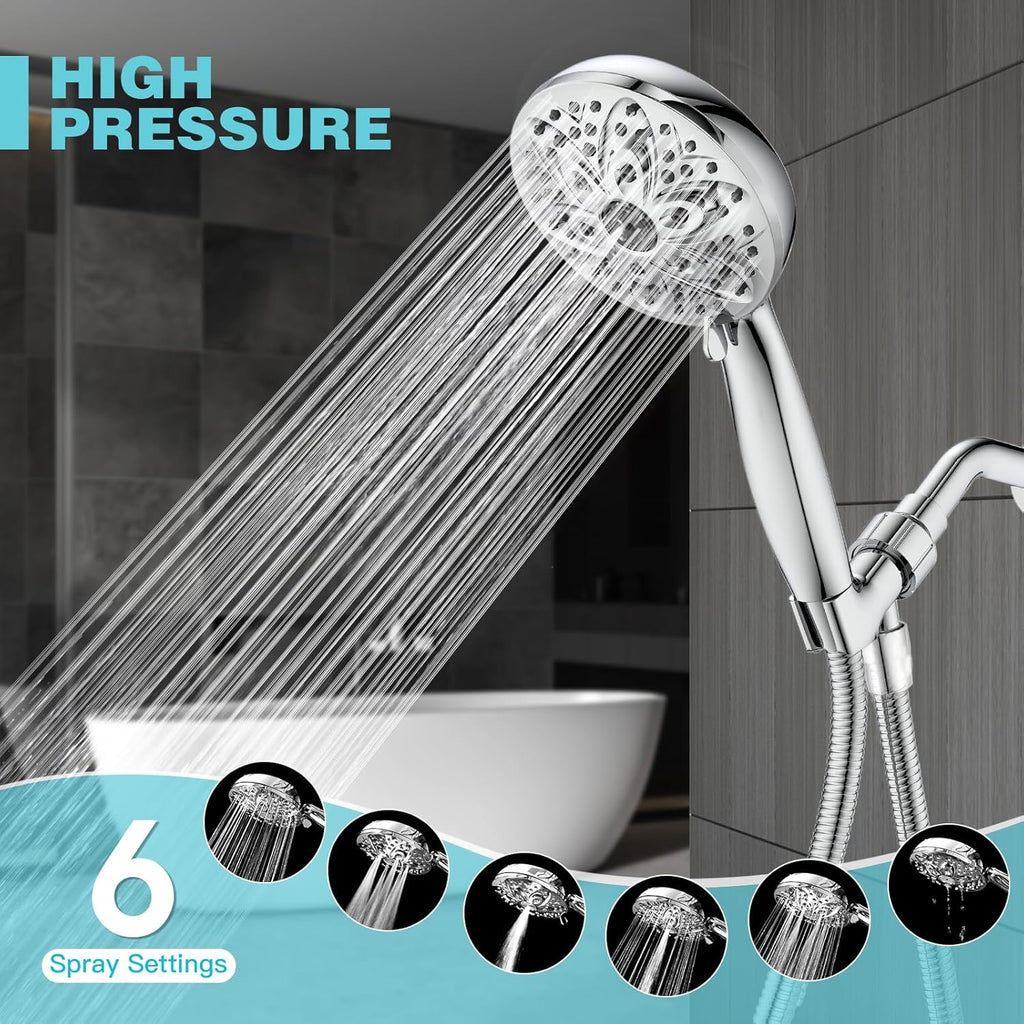 6-Setting Shower Head with Handheld, JDO High Pressure Hand held Shower Head, 4.7 Inch Chrome Detachable Showerhead