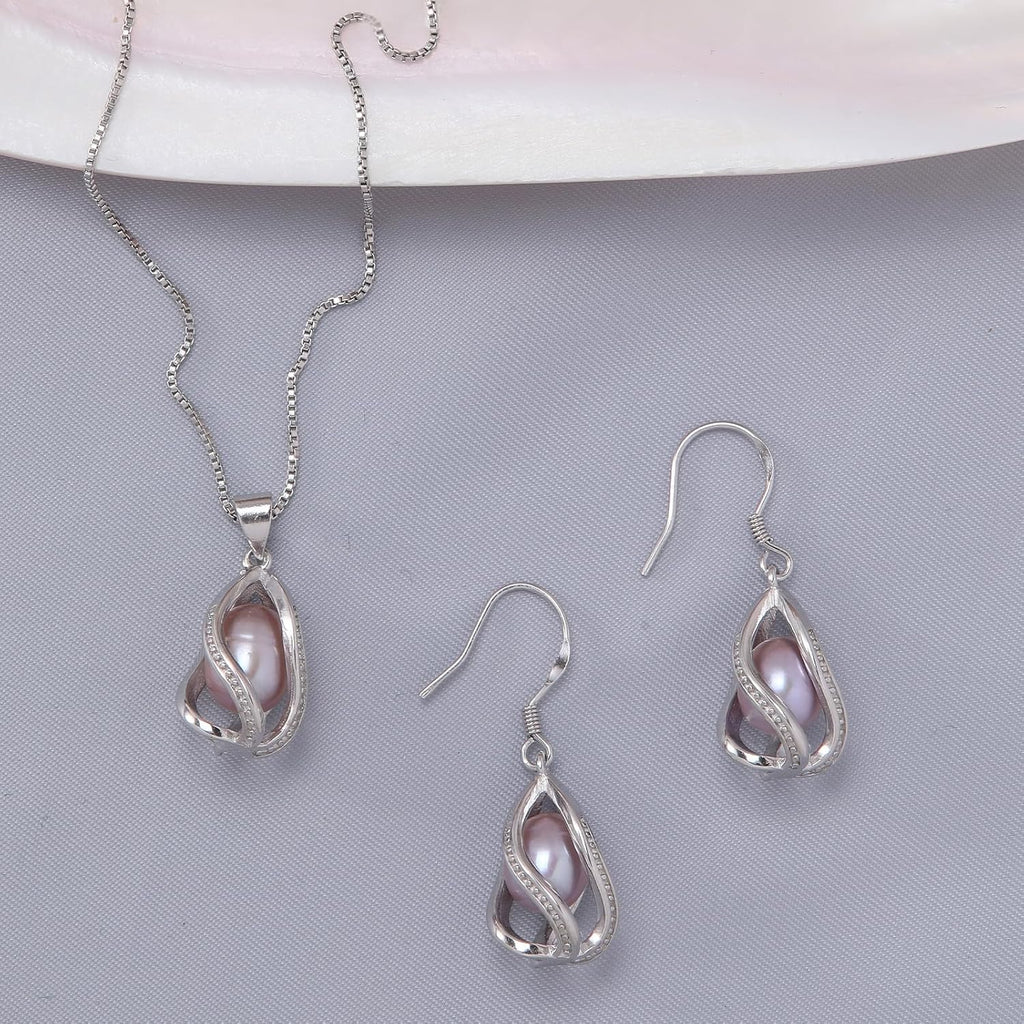 Pearl Jewelry Set For Women S925 Sterling Silver/14K Gold Plated Necklace & Earrings Set Freshwater Pearl Pendant