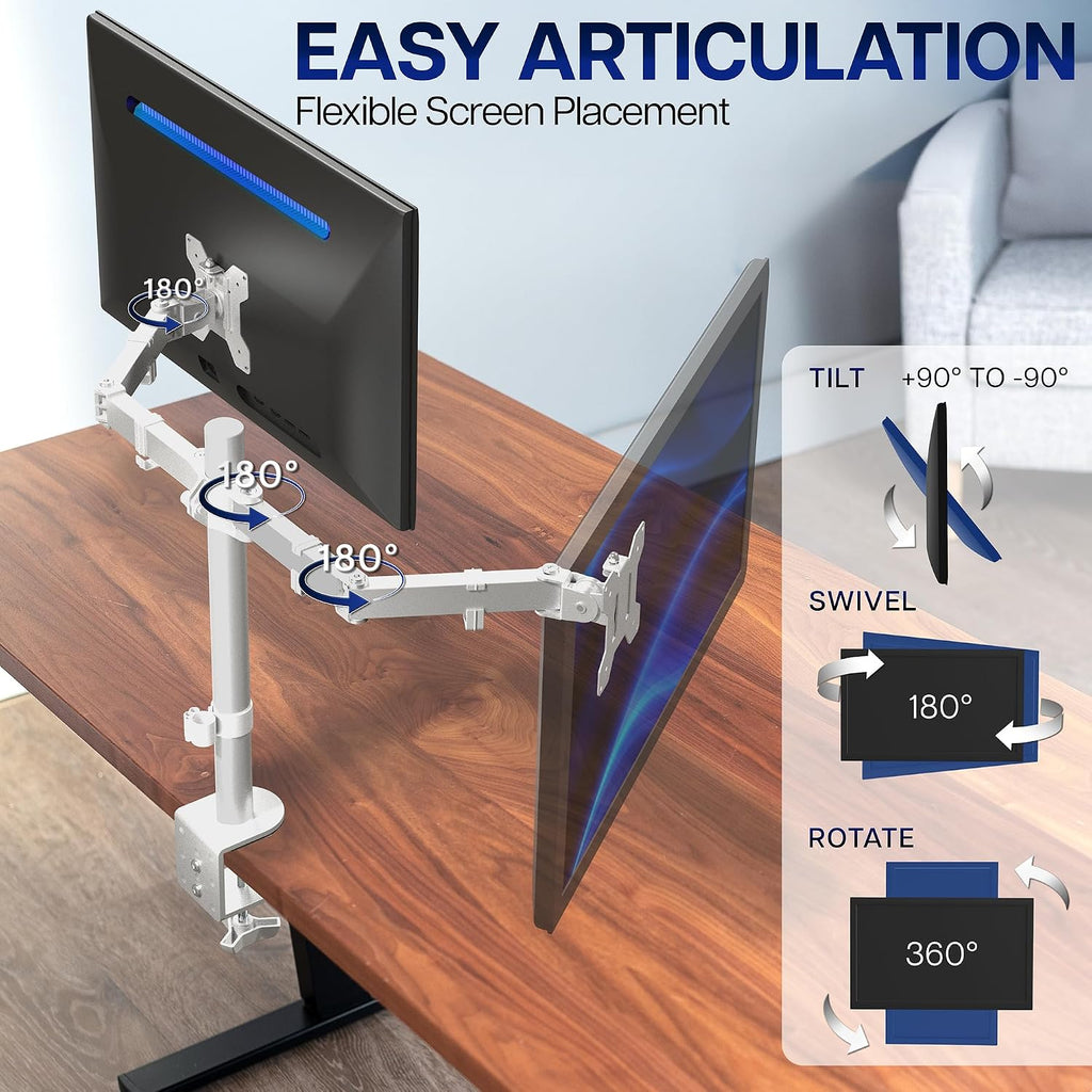 Dual Monitor Desk Mount for 13 to 30 inch Screens, STAND-V002W | White, Articulating, Adjustable Monitor Arm, Grommet