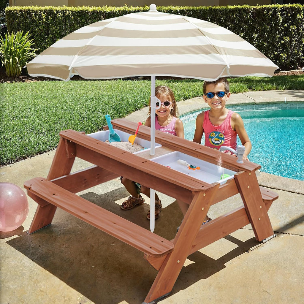 Kids 3-in-1 Sand & Water Table, Wood Outdoor Convertible Picnic Table w/Umbrella, 2 Trays, Removable Top with Faucet