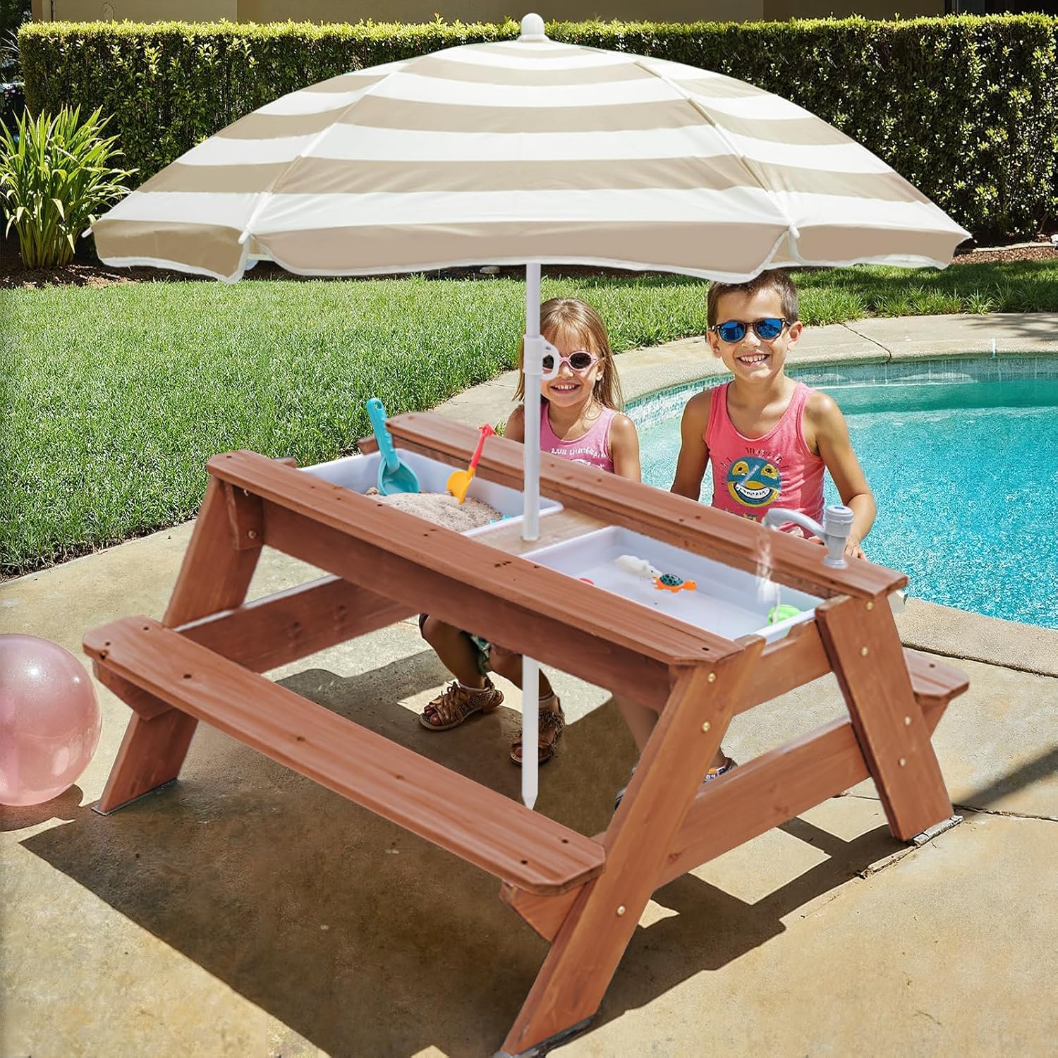 Kids 3-in-1 Sand & Water Table, Wood Outdoor Convertible Picnic Table w/Umbrella, 2 Trays, Removable Top with Faucet