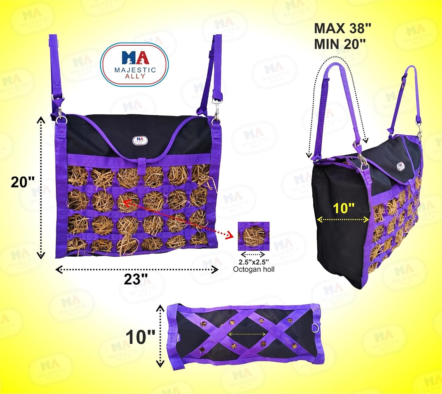Animal Health Hay Bag for Horses, 2.5" Holes, Top Load, Travel Feeder, Reduces Waste, 1 Year Warranty, Multiple