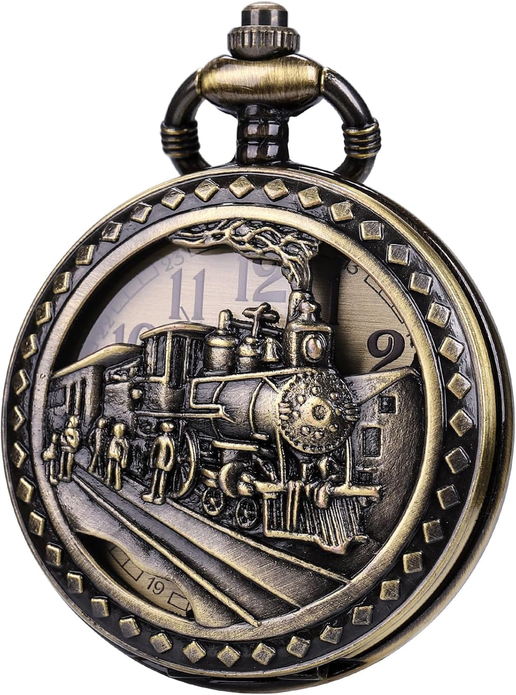 Antique Men Pocket Watch with Chain Oversized 50MM 1.96 Inch 3D Locomotive Steam Train Railroad Hollow + Box