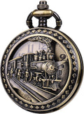 Antique Men Pocket Watch with Chain Oversized 50MM 1.96 Inch 3D Locomotive Steam Train Railroad Hollow + Box