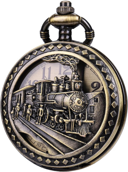 Antique Men Pocket Watch with Chain Oversized 50MM 1.96 Inch 3D Locomotive Steam Train Railroad Hollow + Box