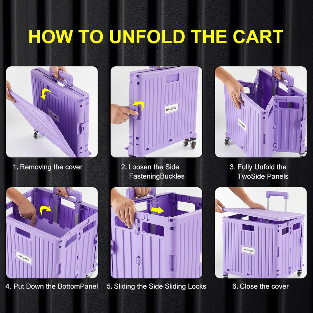 Foldable Utility Cart Folding Portable Rolling Crate Handcart with Durable Heavy Duty Plastic Telescoping Handle
