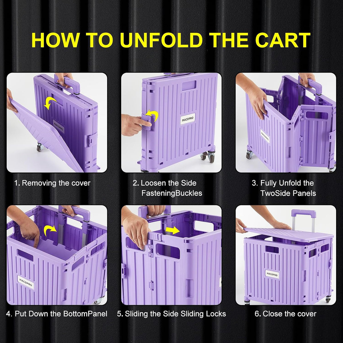 Foldable Utility Cart Folding Portable Rolling Crate Handcart with Durable Heavy Duty Plastic Telescoping Handle