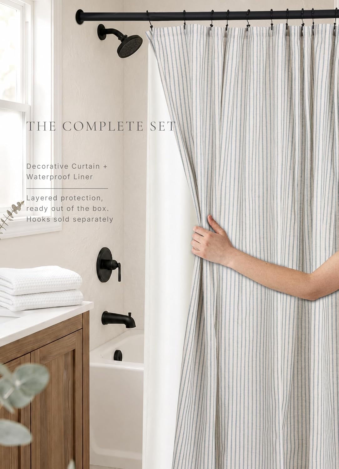 Farmhouse Striped Shower Curtain Set, Linen Blend Fabric with Detachable Polyester Liner, Breathable & Machine