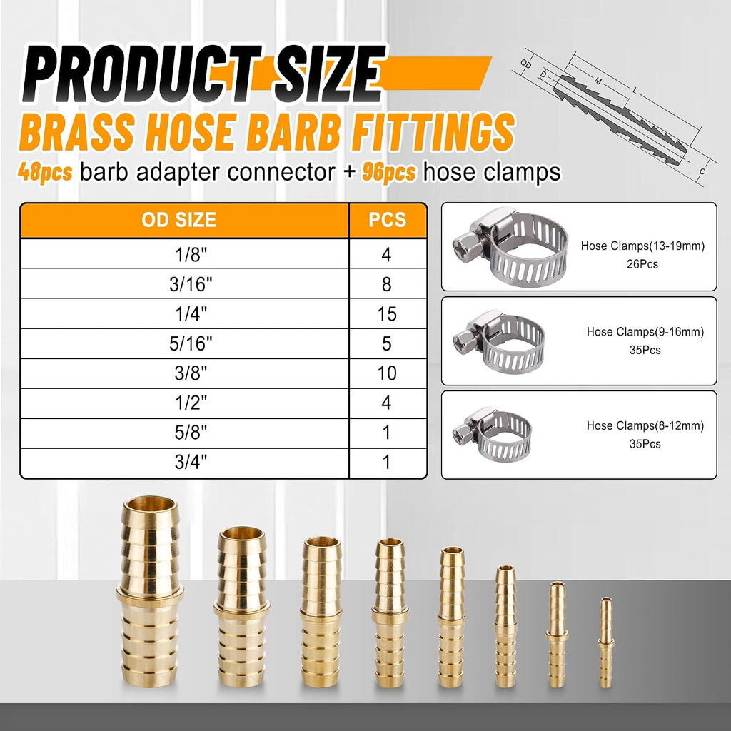48PCS Brass Hose Barb Splicer Mender Fittings with Pipe Clamp
