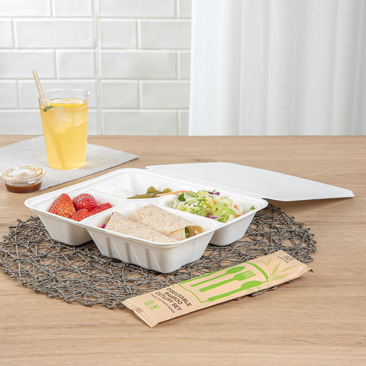 White Bagasse Rectangle Clamshell Container, 100 Ct
