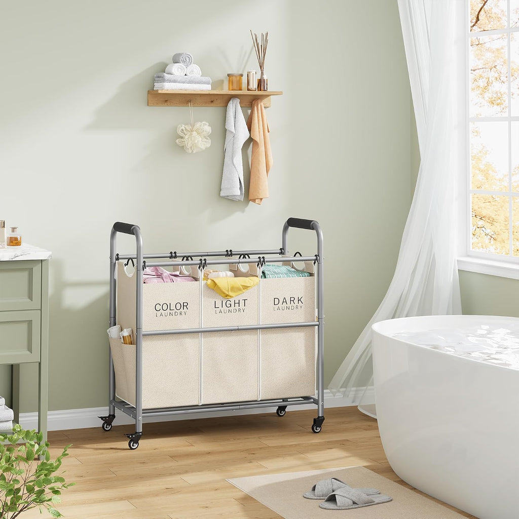 3 Bag Laundry Sorter Cart with Removable Bags, Beige | 147L Large Capacity, Heavy Duty Lockable Rolling Wheels