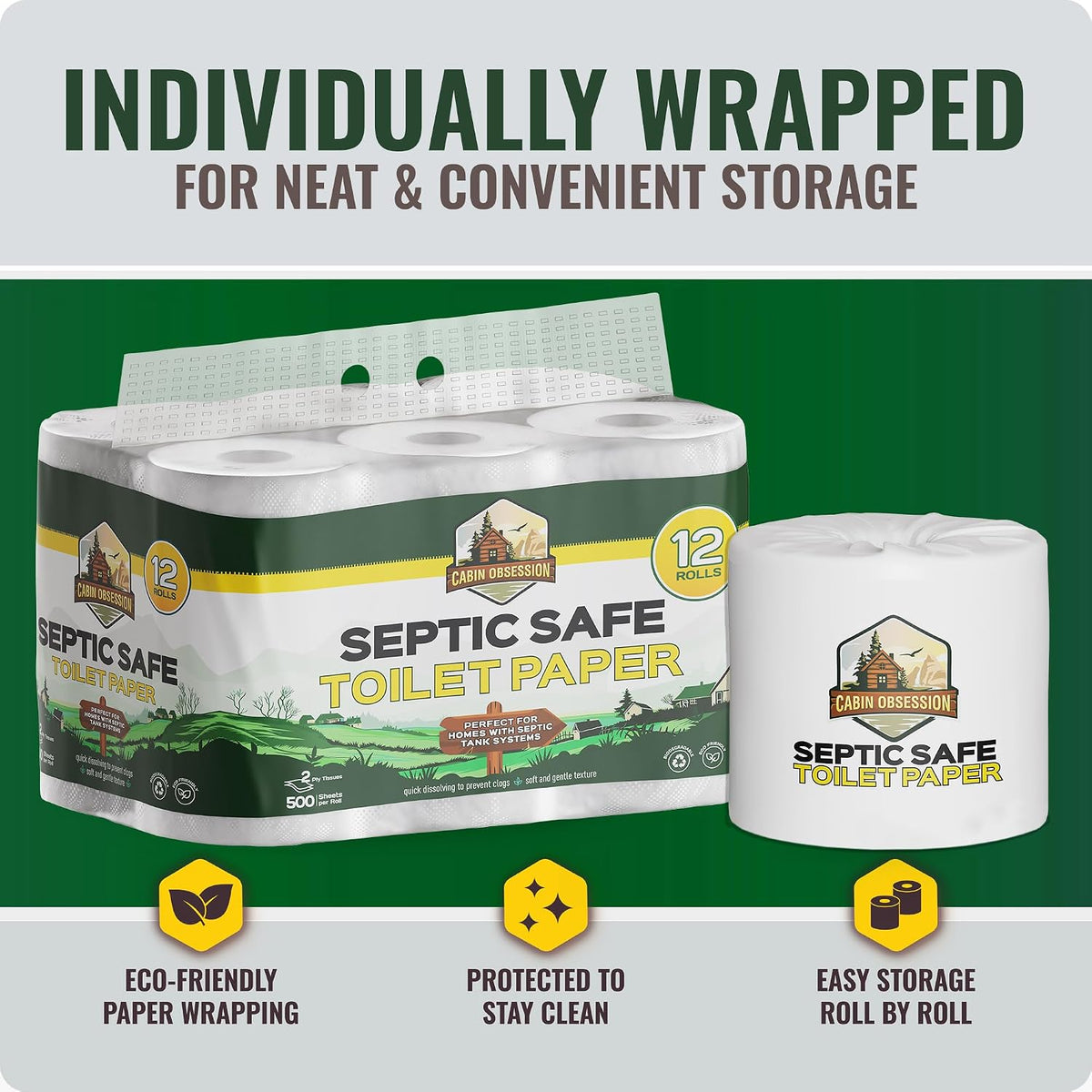 Septic Safe Toilet Paper (12 Pack) 2 Ply Rapid Dissolving Toilet Tissue
