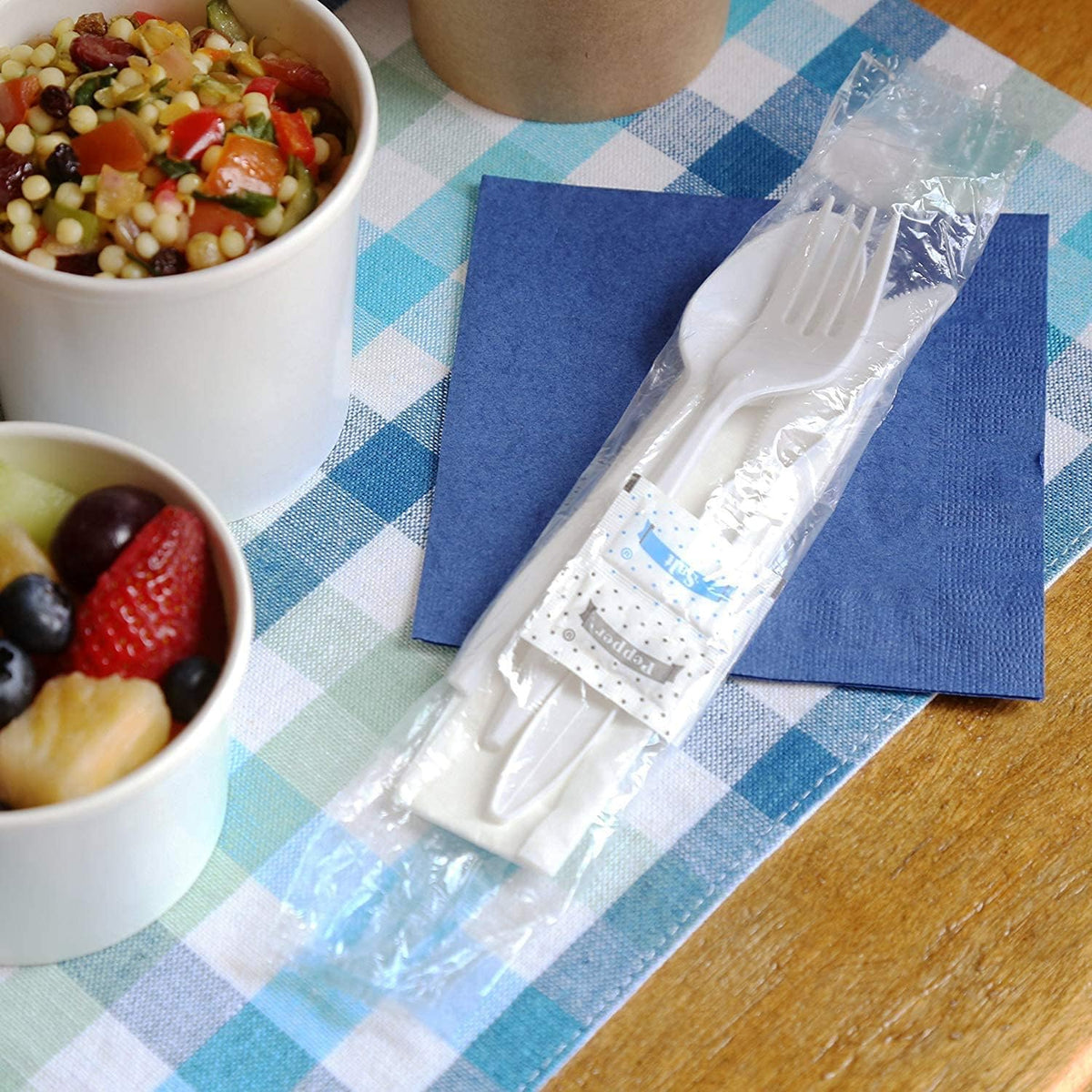 250 White Plastic Cutlery Packets - Knife, Fork, Spoon & Napkin Sets with Salt & Pepper - Individually Wrapped