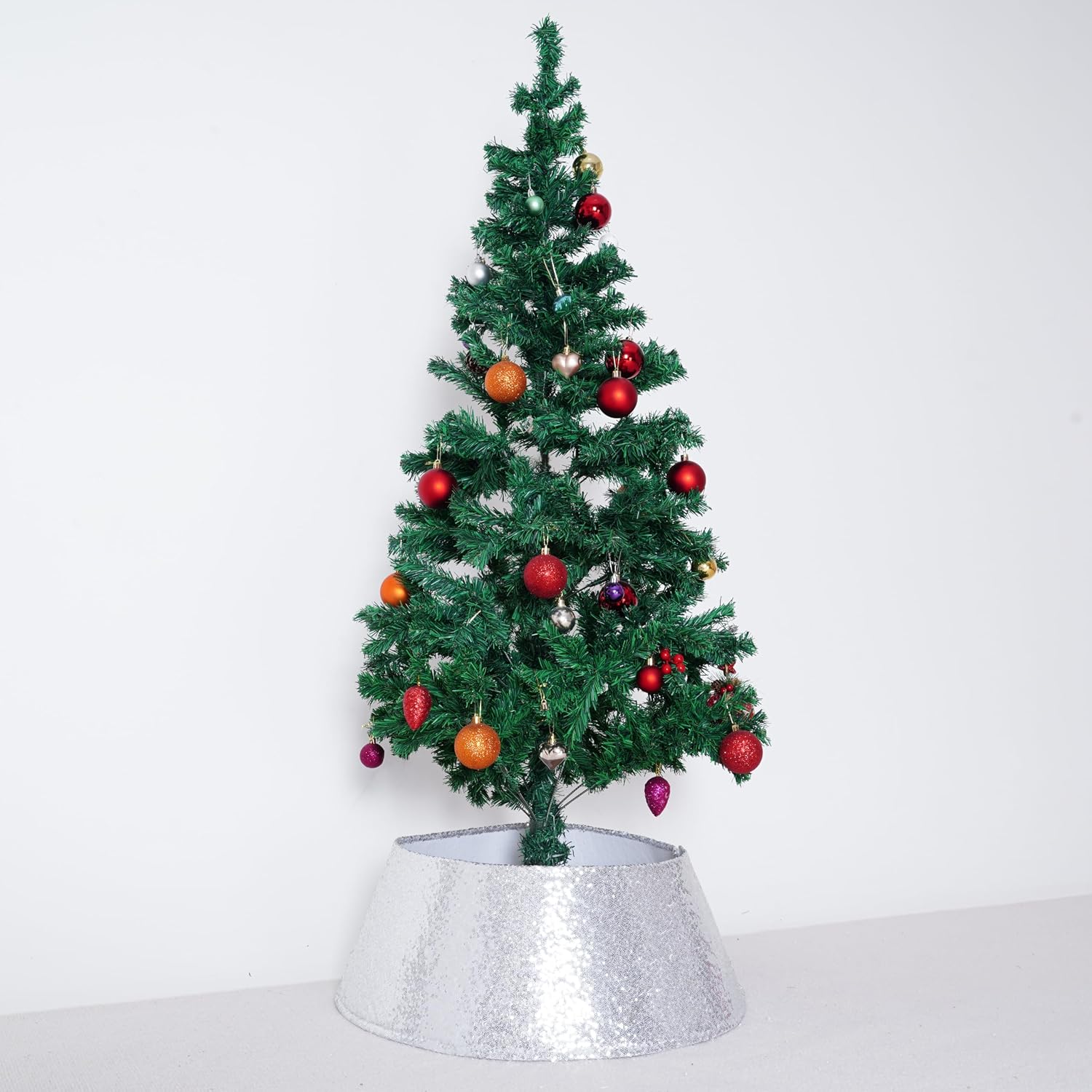 Silver Sequin Christmas Tree Collar 23 Inch | 16 Inch top opening and tapered ring conceal stands and cords with hook