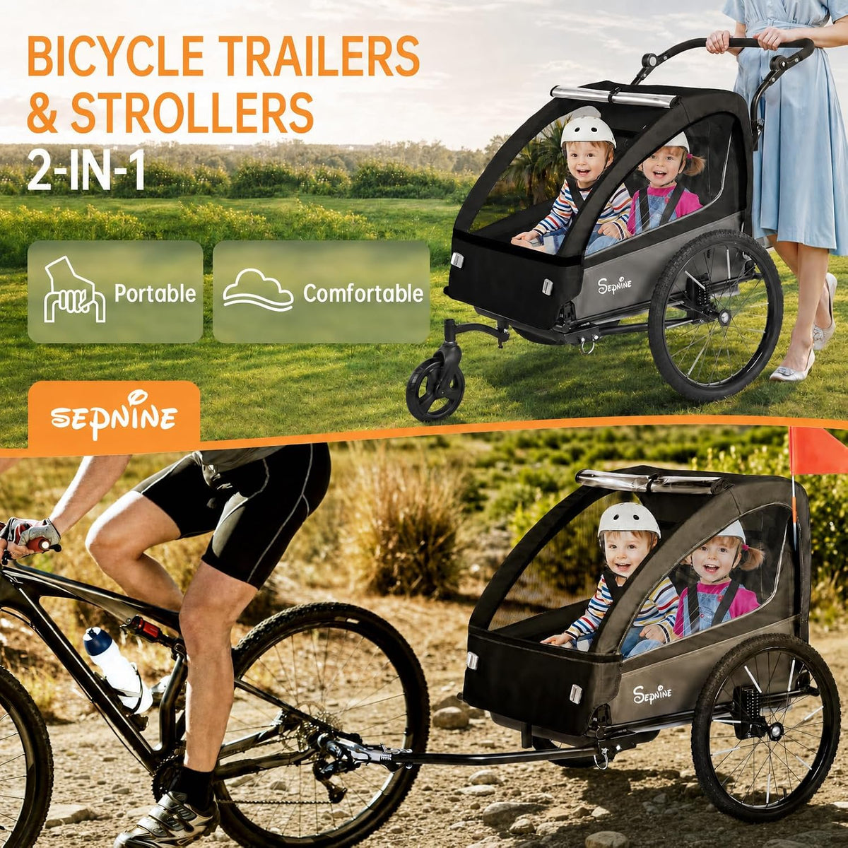 2-in-1 Kids Bike Trailer and Stroller with Suspension – Bike Trailer for 1 to 2 Children, Jogging Function, Foldable