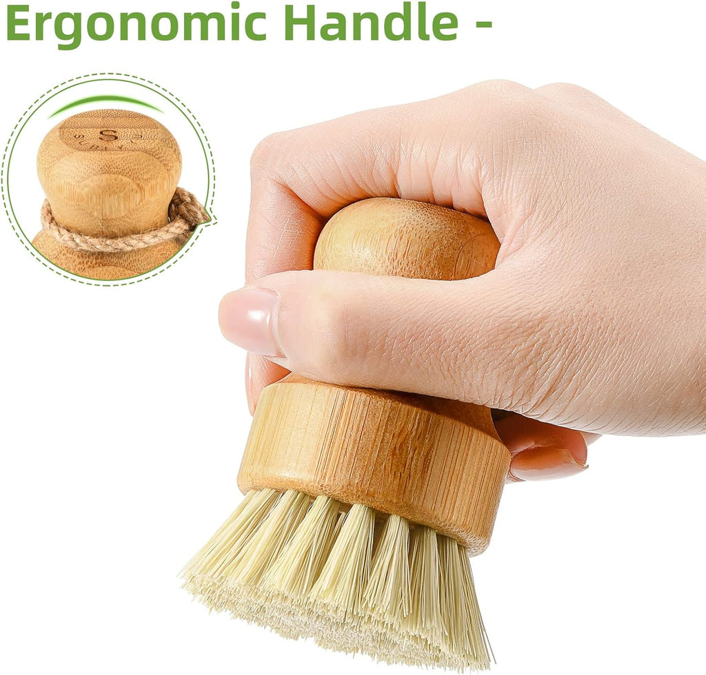 Bamboo Dish Scrub Brushes,Kitchen Wooden Cleaning Scrubbers Set for Washing Cast Iron Pan/Pot, Natural Sisal
