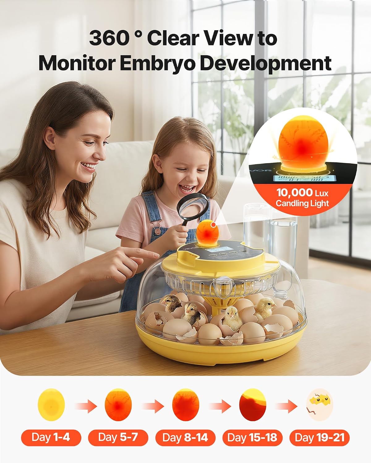 18 Egg Incubator, Automatic Egg Turner with LED Candler, Temperature & Humidity Control, 360° View Clear Window, Auto