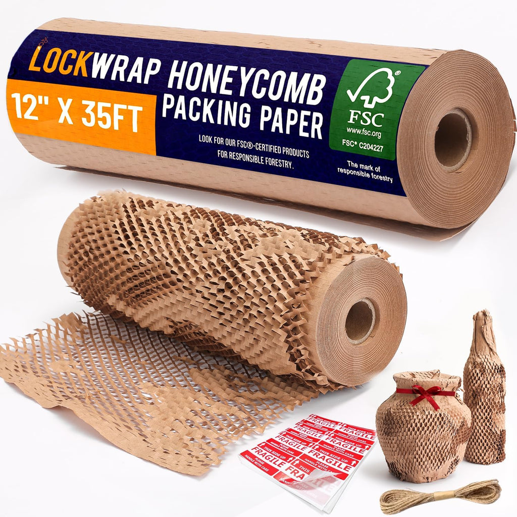 Honeycomb Packing Paper For Moving 12" x 35ft With Rope & Fragile Stickers | Eco Friendly Shipping & Moving Paper