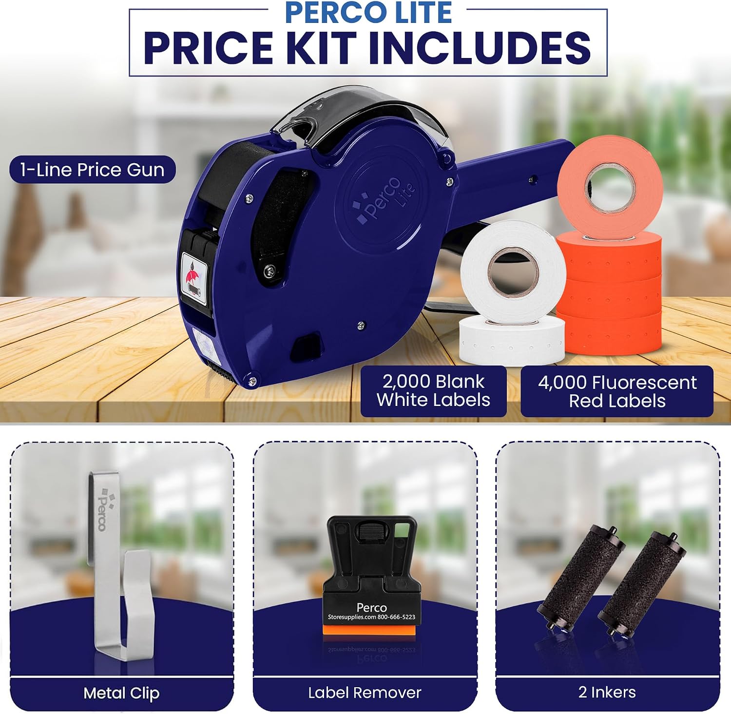 Lite 1 Line Price Gun Kit for Retail Business – Includes 2 White Rolls, 4 Fluorescent Red Rolls, Gun Clip & Ink