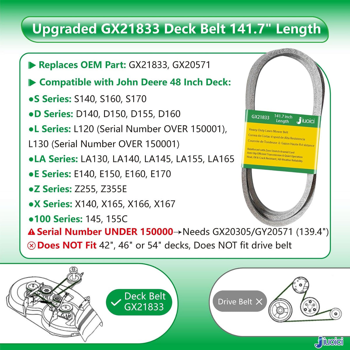 GX21833 (141.7") Heavy-Duty Mower Deck Belt Fits John Deere 48" Deck