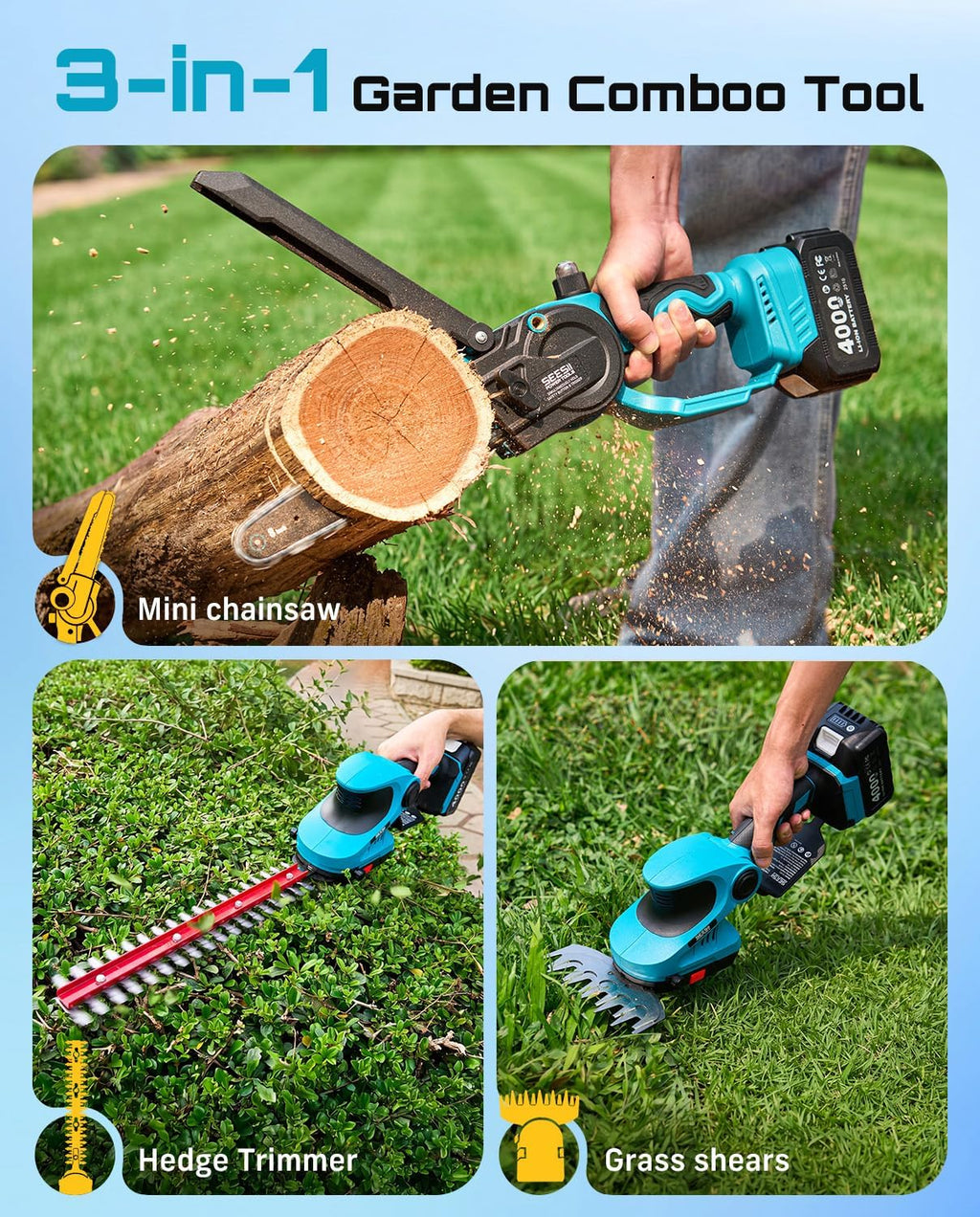 3 in 1 Cordless Mini Chainsaw & Hedge Trimmer, Grass Shear Combo | 8 Inch Electric Chain saw Brushless,2x 4000mAh