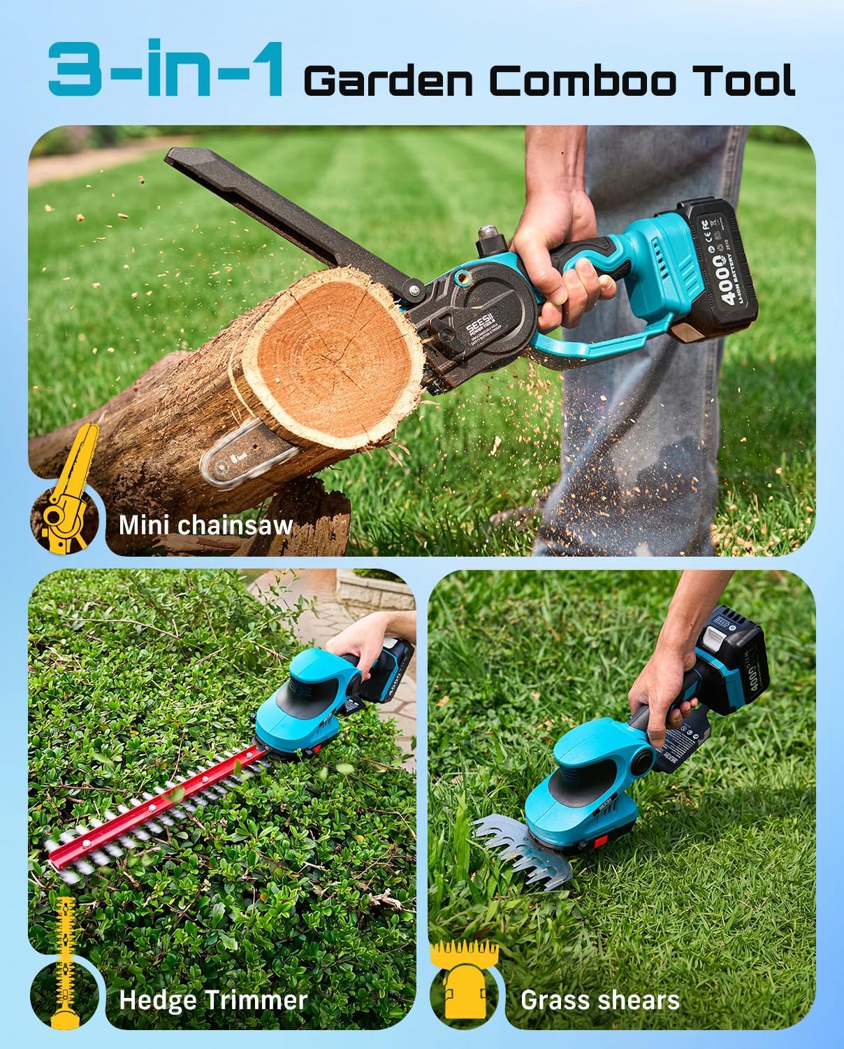 3 in 1 Cordless Mini Chainsaw & Hedge Trimmer, Grass Shear Combo | 8 Inch Electric Chain saw Brushless,2x 4000mAh
