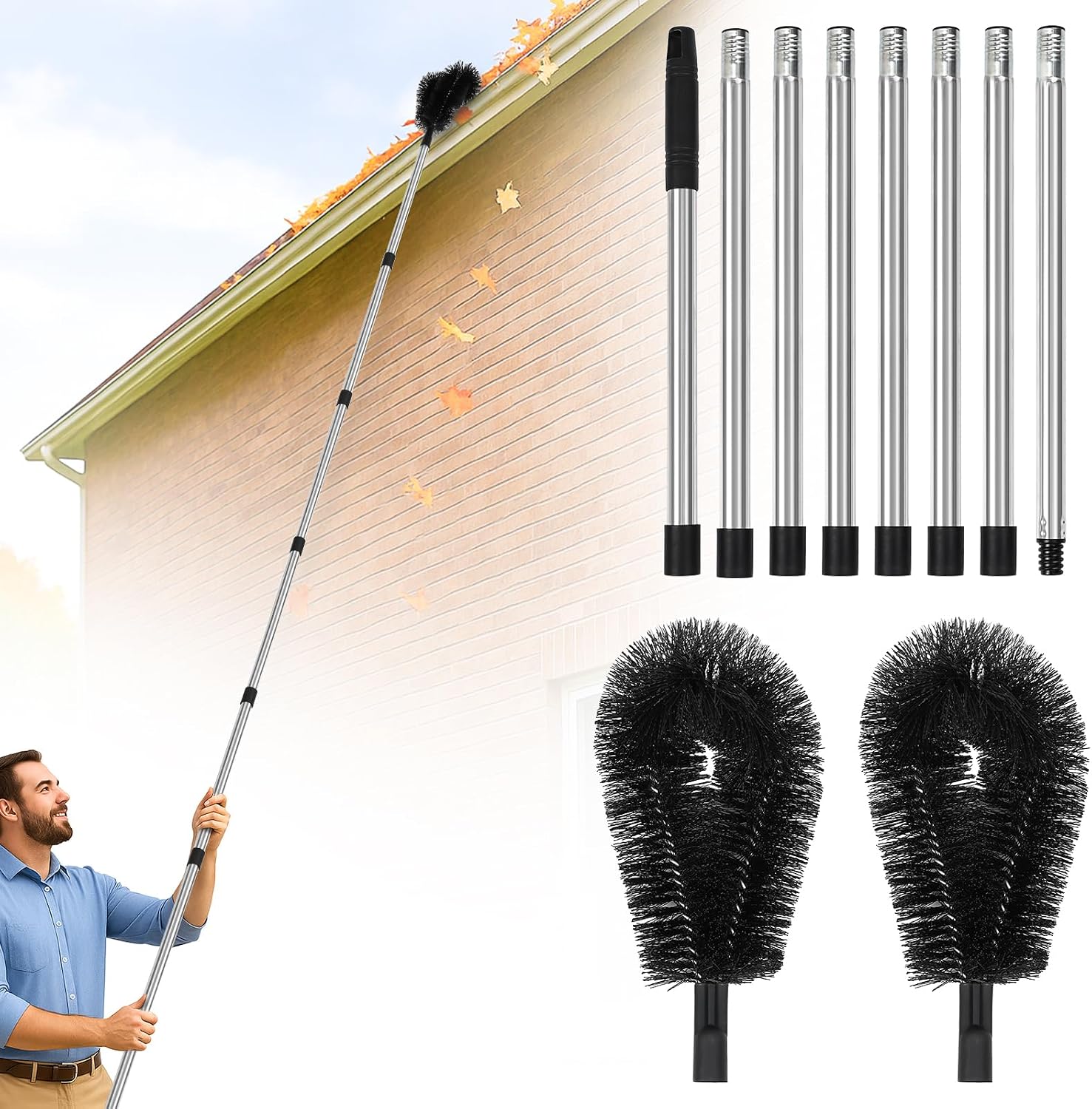 10.5FT Gutter Cleaning Brush with Adjustable Pole - No Ladder, Professional Long Reach Gutter Brush with Replaceable