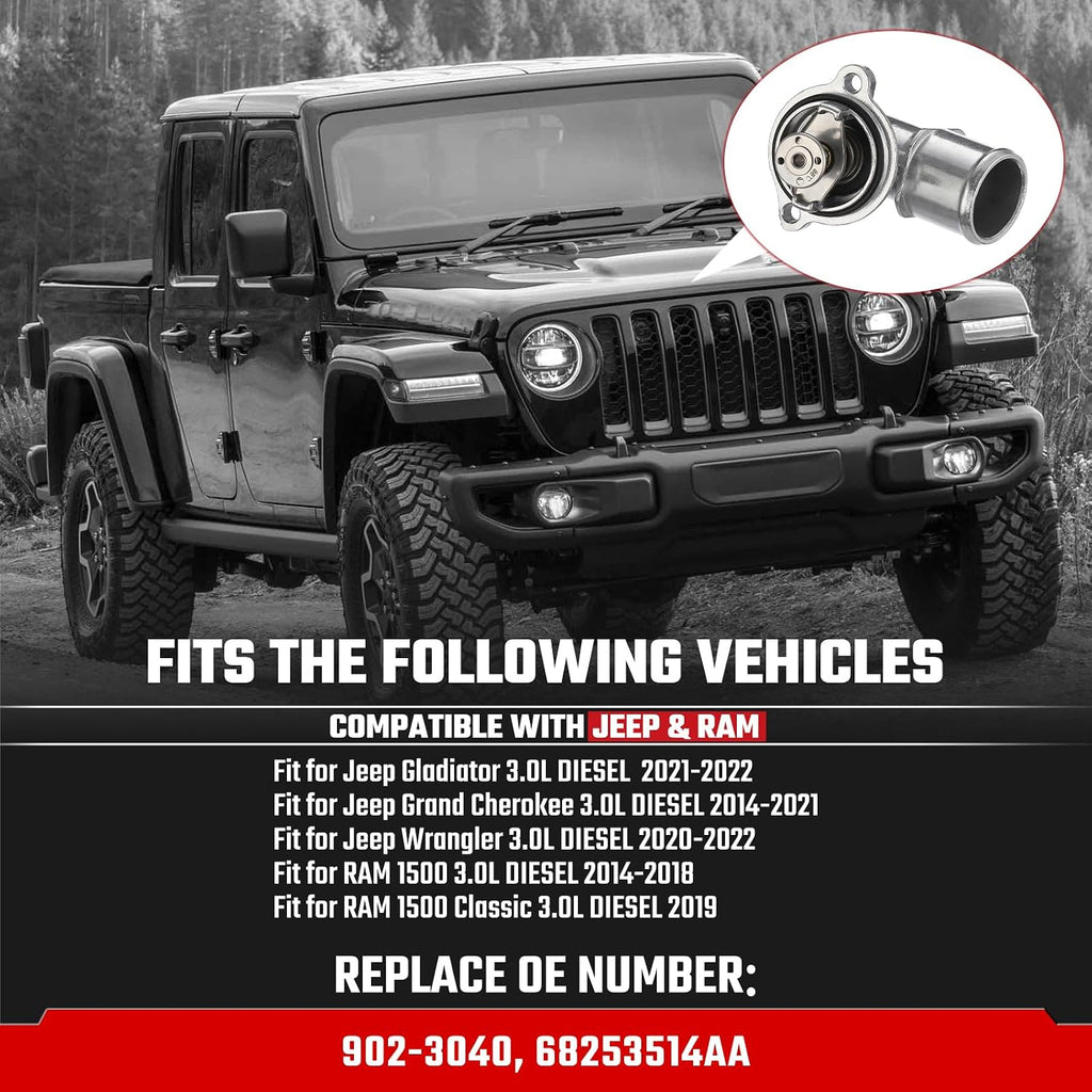 902-3040 Upgrade Aluminium Coolant Thermostat Housing Assembly Fit for Ram 1500 2014-2022 Fit for Jeep 2021-2022 Gladiator 2014-2021 Grand Cherokee 2020-2022 Wrangler 3.0L Replace 68253514AA