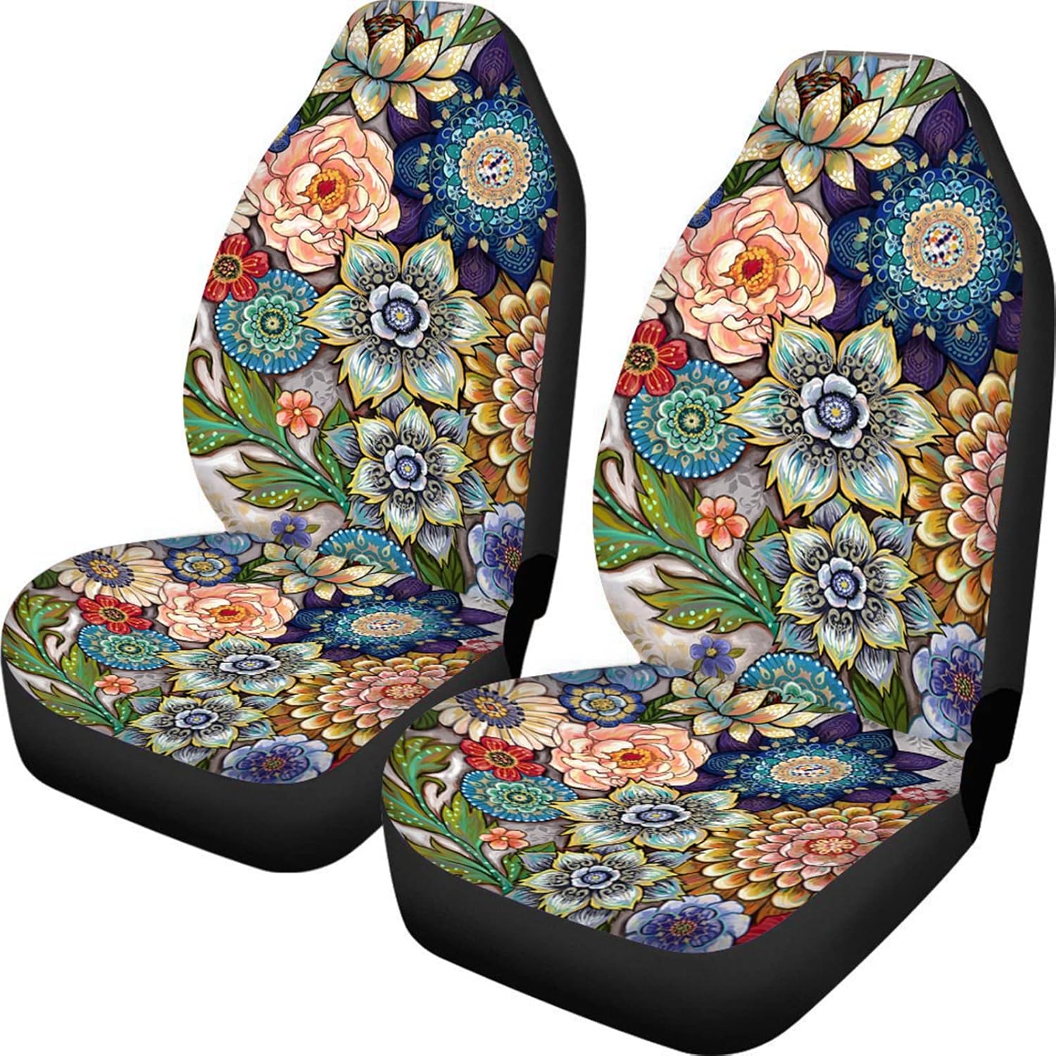 Boho Floral Front Car Seat Covers Set of 2 for Women, Universal Fit Bucket Seat Protectors for Cars, SUVs, Sedans and