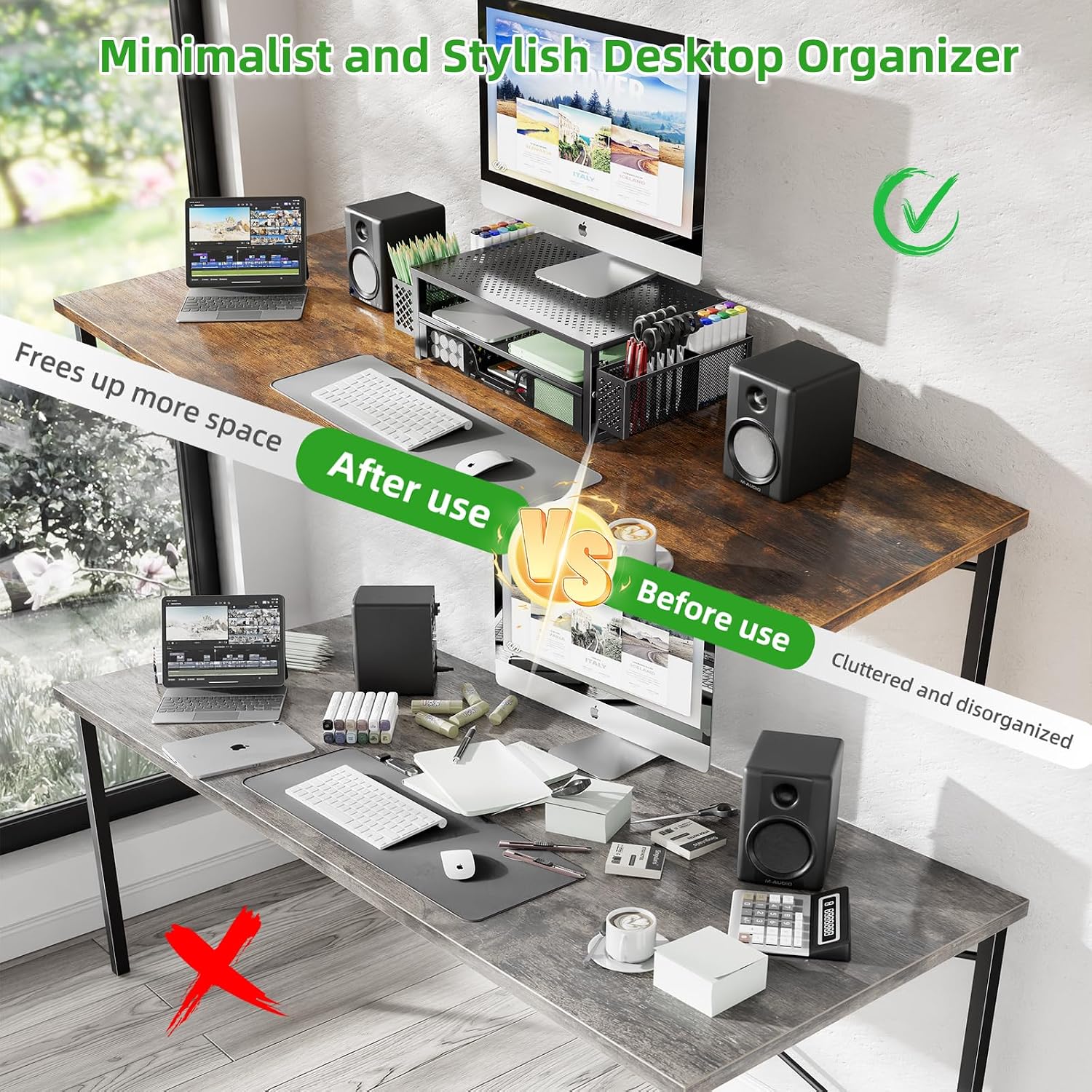Desk Organizer and Accessories, 2 Tier Computer Metal Monitor Stand Riser with Drawer and Pen Holder for Laptop