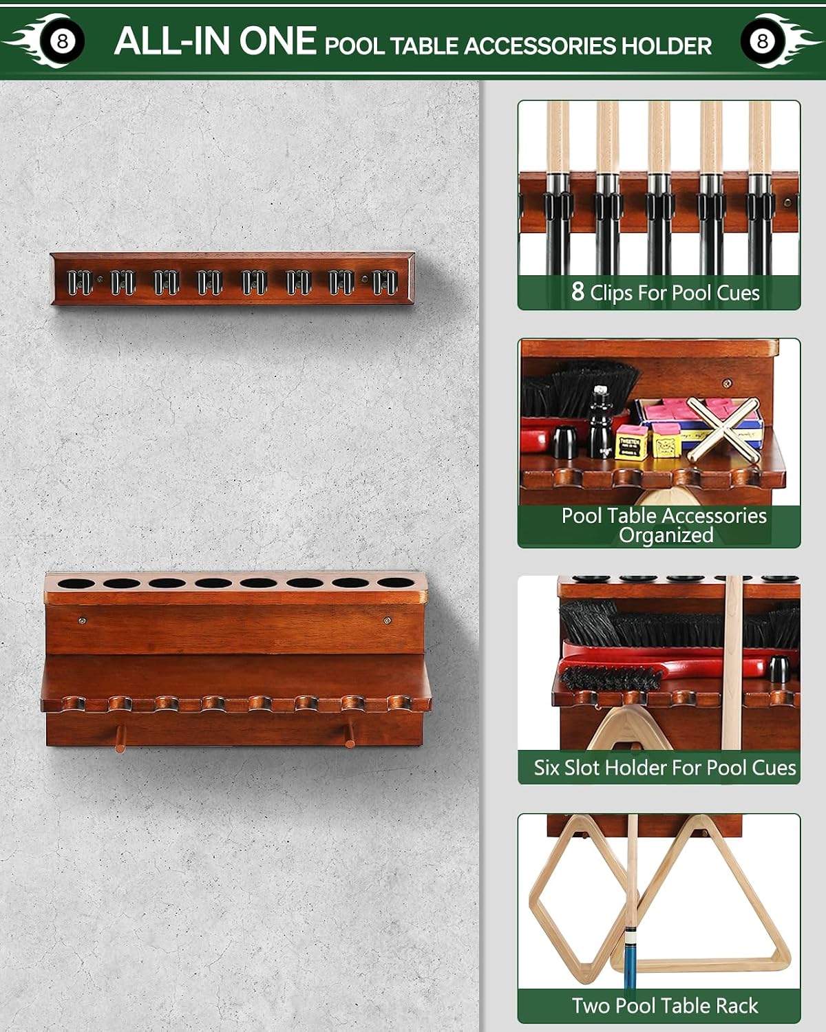 Wall Mount Pool Stick Holder - Billiards Pool Cue Rack Hardwood Pool Cue Set Holder for 8 Cues Sticks Storage Pool