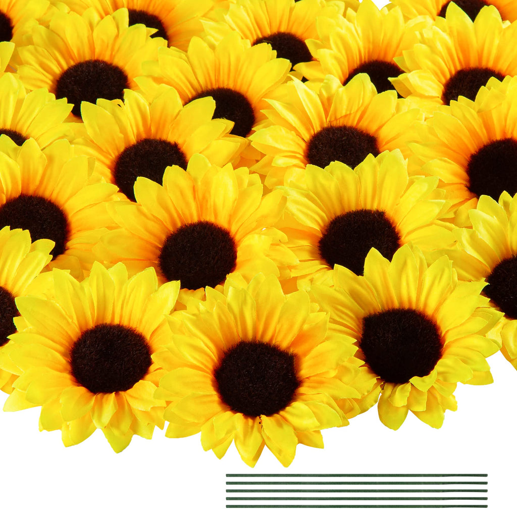40pcs Fake Sunflower Heads with Stems, Yellow